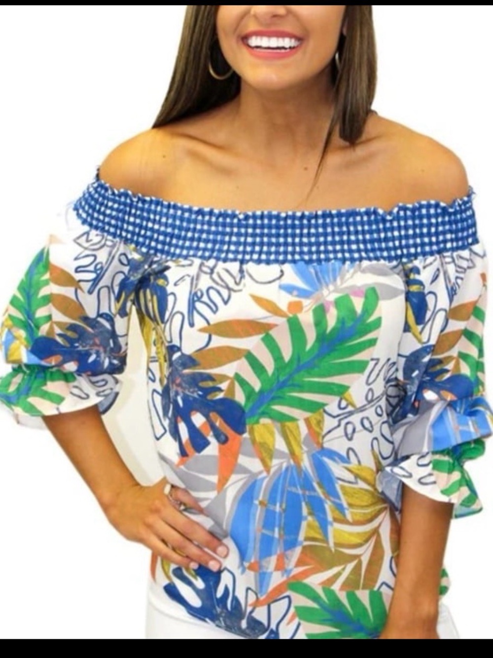 NEW Off-Shoulder Tropical Print Blouse in Blue and Green Dao Chloe Dao Sz S